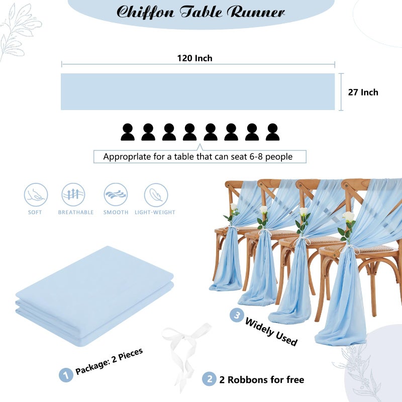 SoarDream Blue Table Runner 2 Pieces 27x120 Inches Sheer Chiffon Fabric 10Ft Rustic Wedding Runners for Wedding Baby Shower Decorations - Image 5